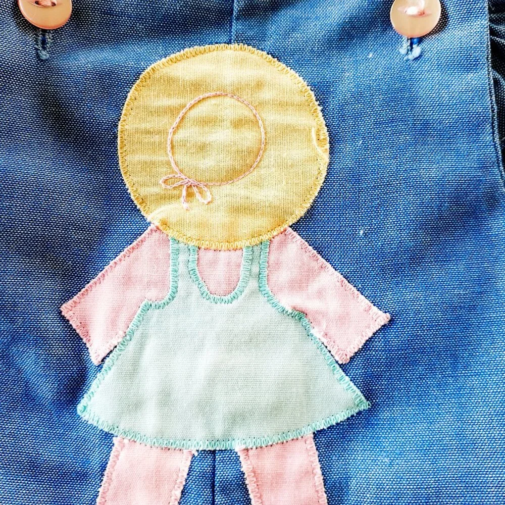 Vintage Girls Romper Overall Chambray Ruffle Maggie Mackall Blue Small 6 Months